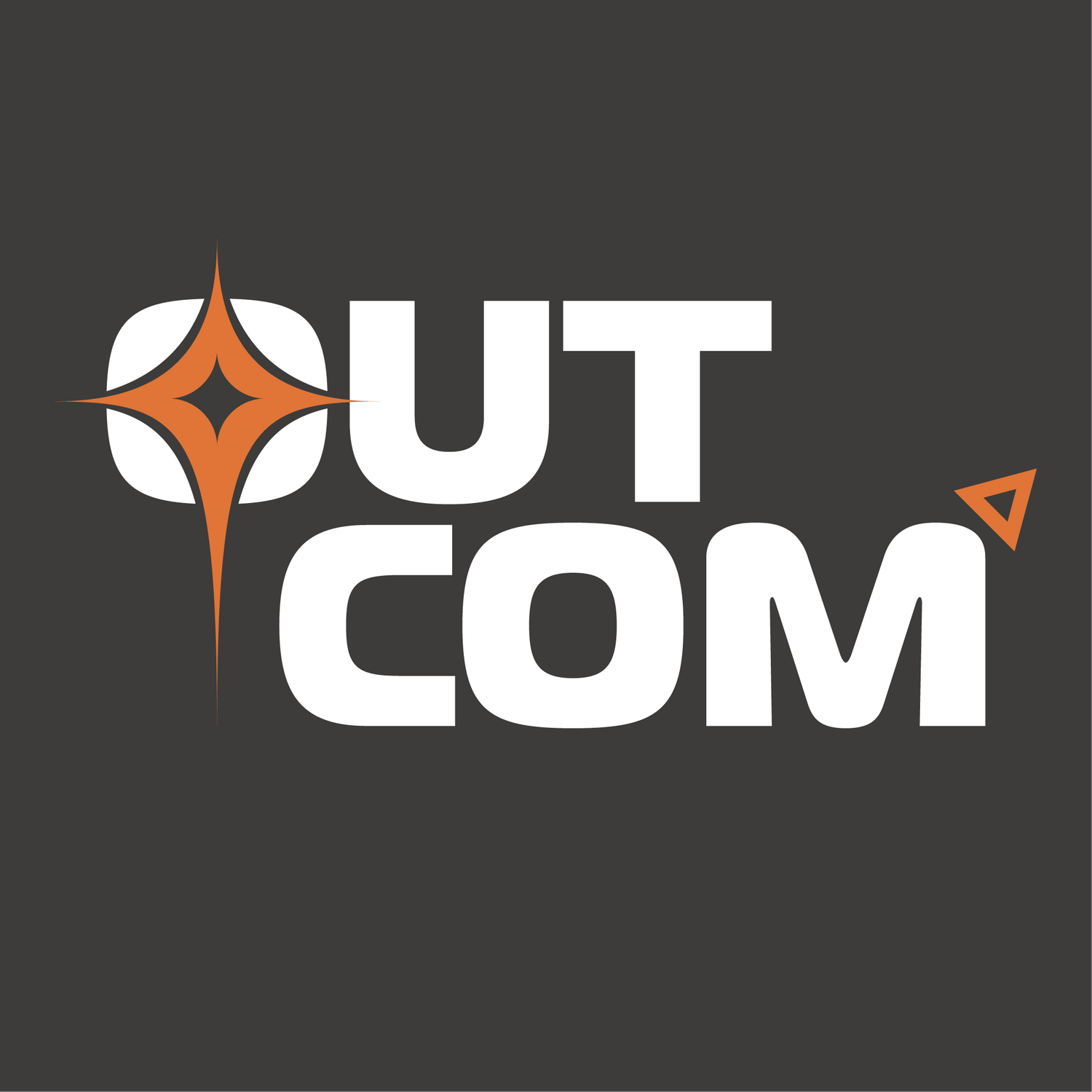 Logo complet entreprise OUTCOM blanc et orange sur fond foncé